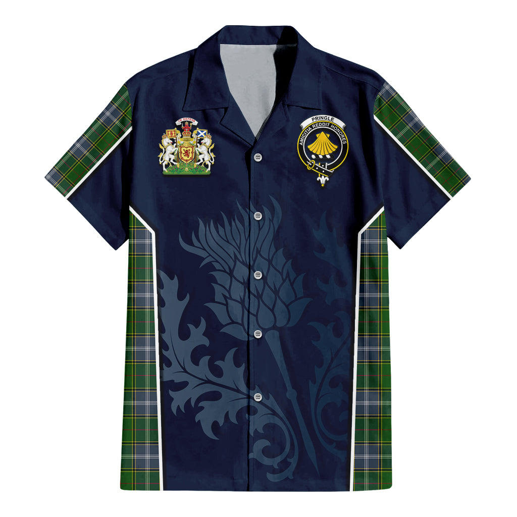 Tartan Vibes Clothing Pringle Tartan Short Sleeve Button Up Shirt with Family Crest and Scottish Thistle Vibes Sport Style