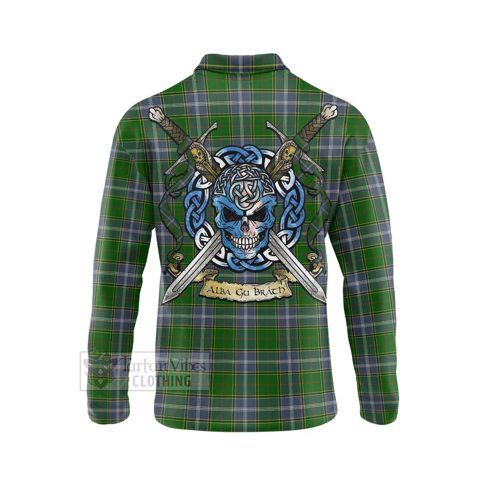 Tartan Vibes Clothing Pringle Tartan Long Sleeve Polo Shirt with Family Crest Celtic Skull Style