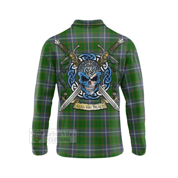 Pringle Tartan Long Sleeve Polo Shirt with Family Crest Celtic Skull Style