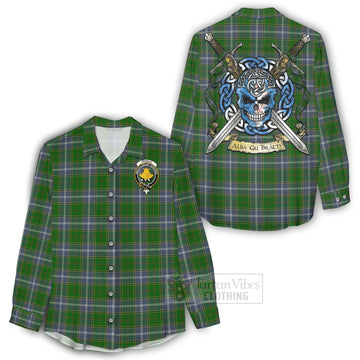 Pringle Tartan Women's Casual Shirt with Family Crest Celtic Skull Style