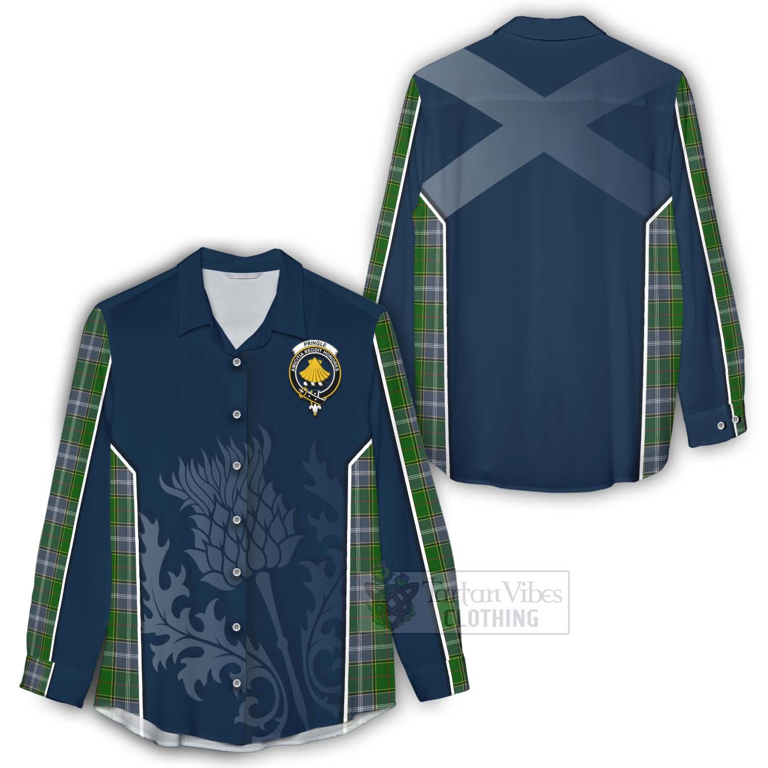 Tartan Vibes Clothing Pringle Tartan Women's Casual Shirt with Family Crest and Scottish Thistle Vibes Sport Style