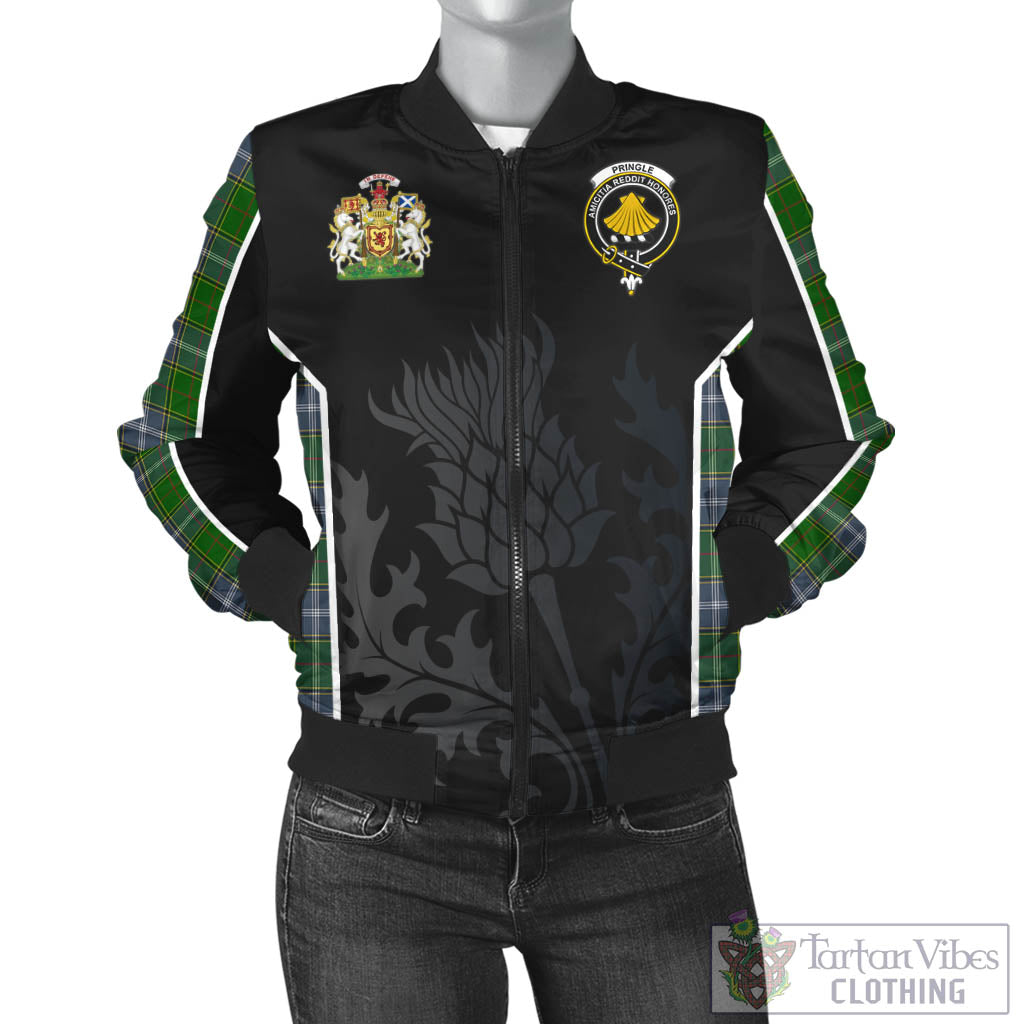 Tartan Vibes Clothing Pringle Tartan Bomber Jacket with Family Crest and Scottish Thistle Vibes Sport Style