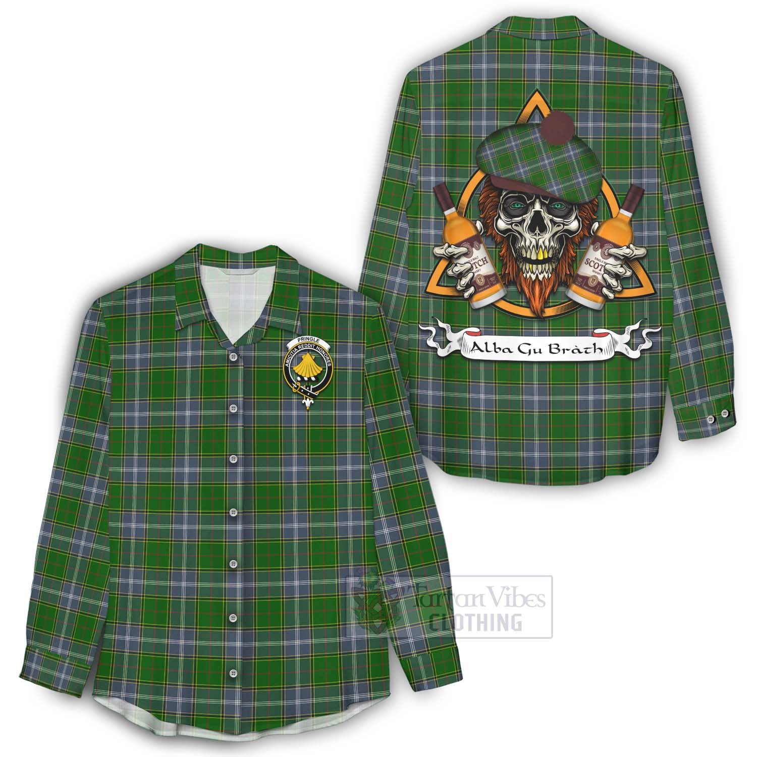 Tartan Vibes Clothing Pringle Tartan Women's Casual Shirt with Family Crest and Bearded Skull Holding Bottles of Whiskey