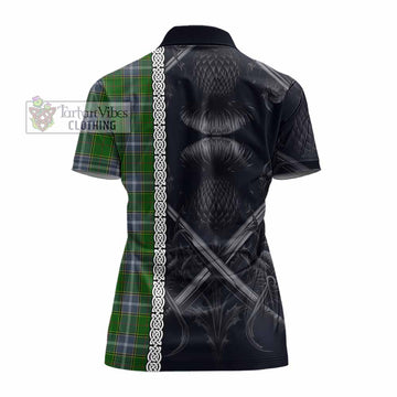 Pringle Tartan Women's Polo Shirt with Family Crest Cross Sword Thistle Celtic Vibes