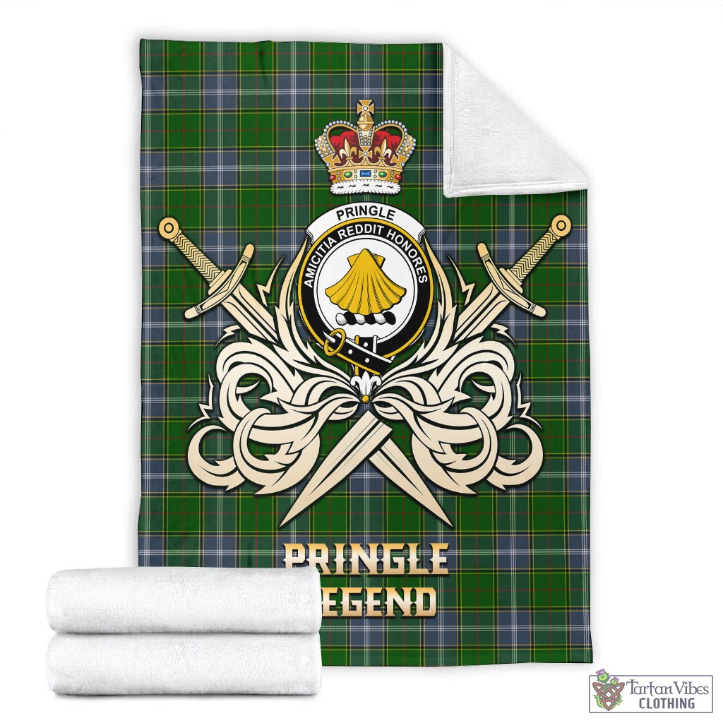 Tartan Vibes Clothing Pringle Tartan Blanket with Clan Crest and the Golden Sword of Courageous Legacy