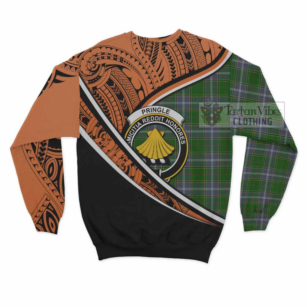 Tartan Vibes Clothing Pringle Crest Tartan Sweatshirt with Maori Tattoo Style - Orange Version