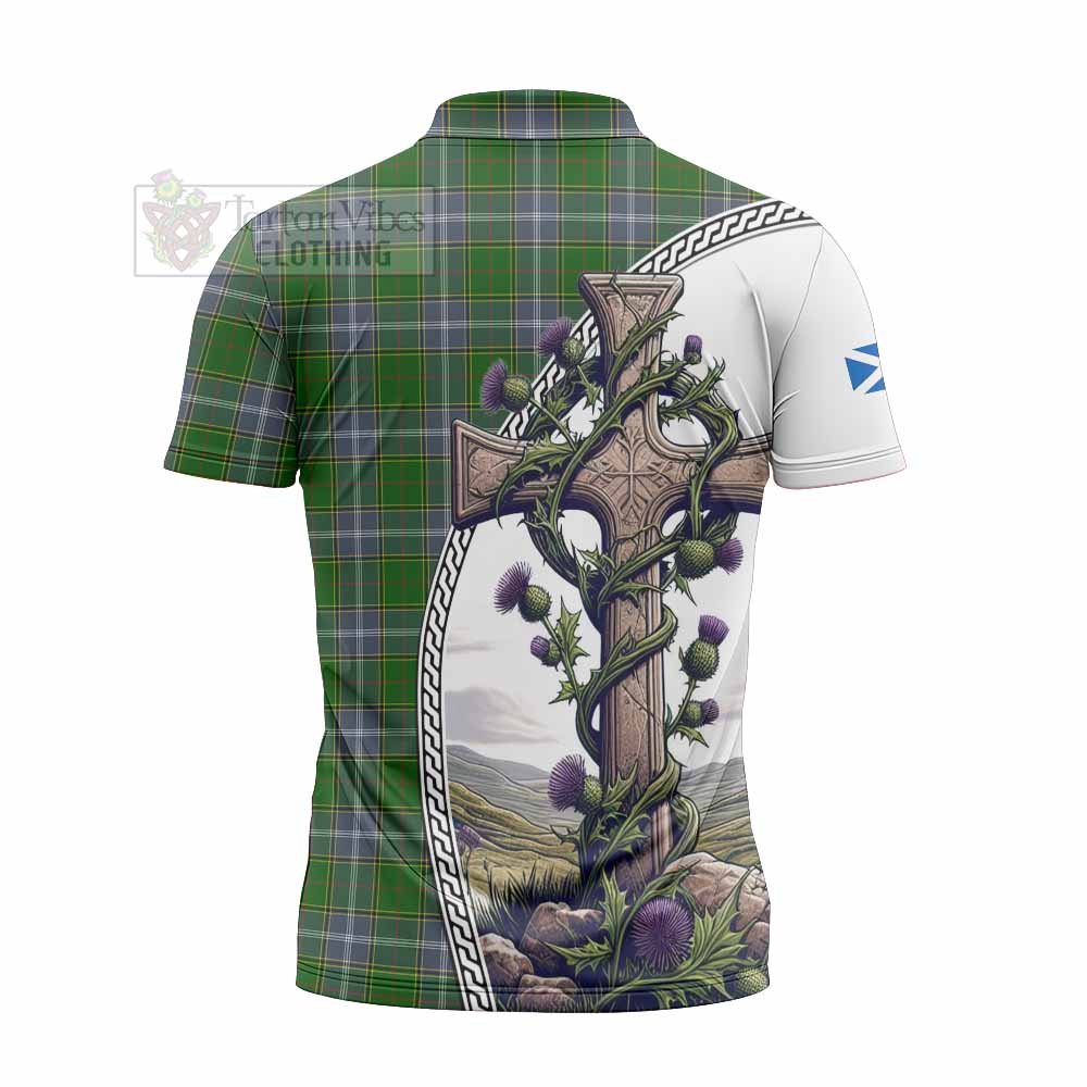 Tartan Vibes Clothing Pringle Tartan Zipper Polo Shirt with Family Crest and St. Andrew's Cross Accented by Thistle Vines