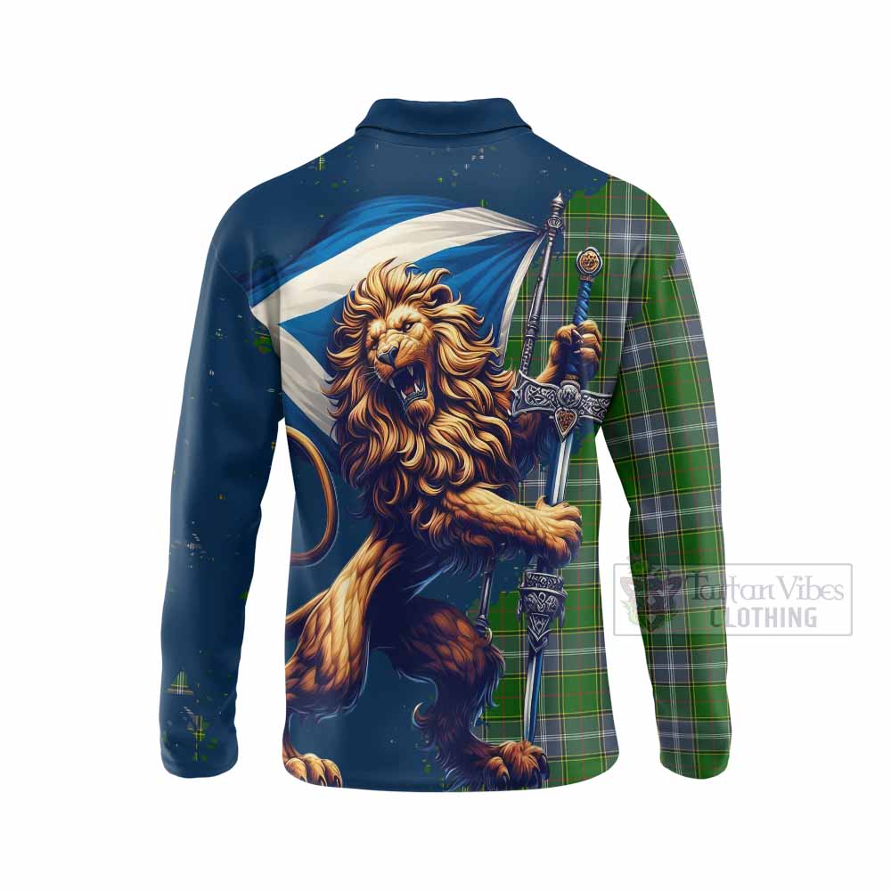 Tartan Vibes Clothing Pringle Tartan Family Crest Long Sleeve Polo Shirt with Scottish Majestic Lion