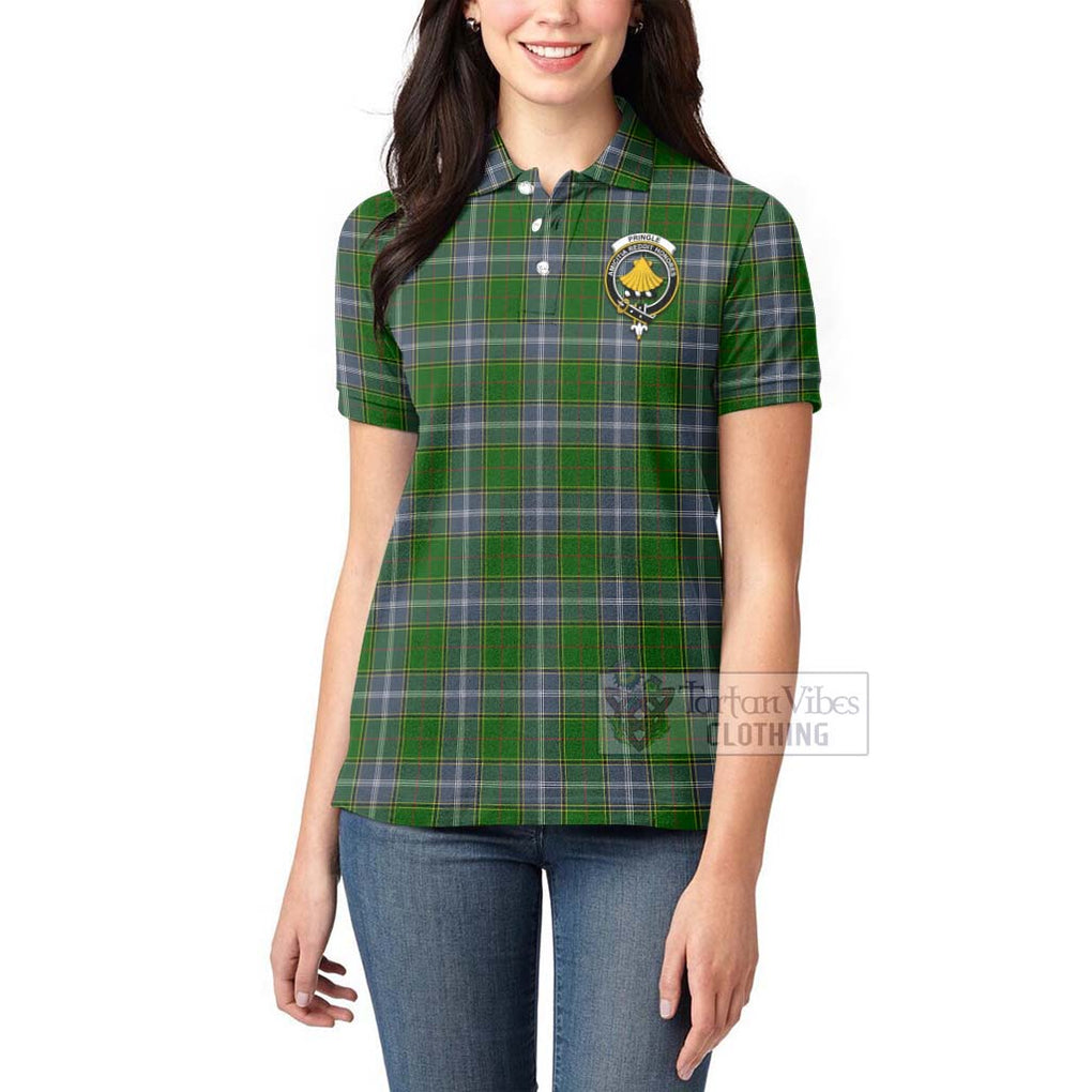 Tartan Vibes Clothing Pringle Tartan Women's Polo Shirt with Family Crest and Bearded Skull Holding Bottles of Whiskey