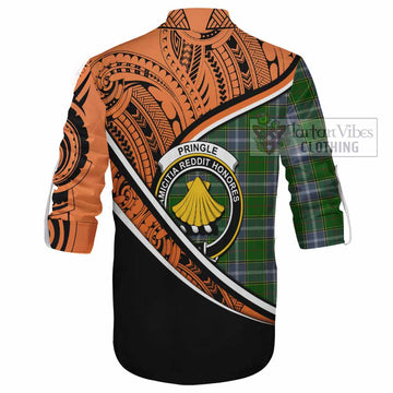 Pringle Crest Tartan Ghillie Kilt Shirt with Polynesian Vibes Style - Orange Version