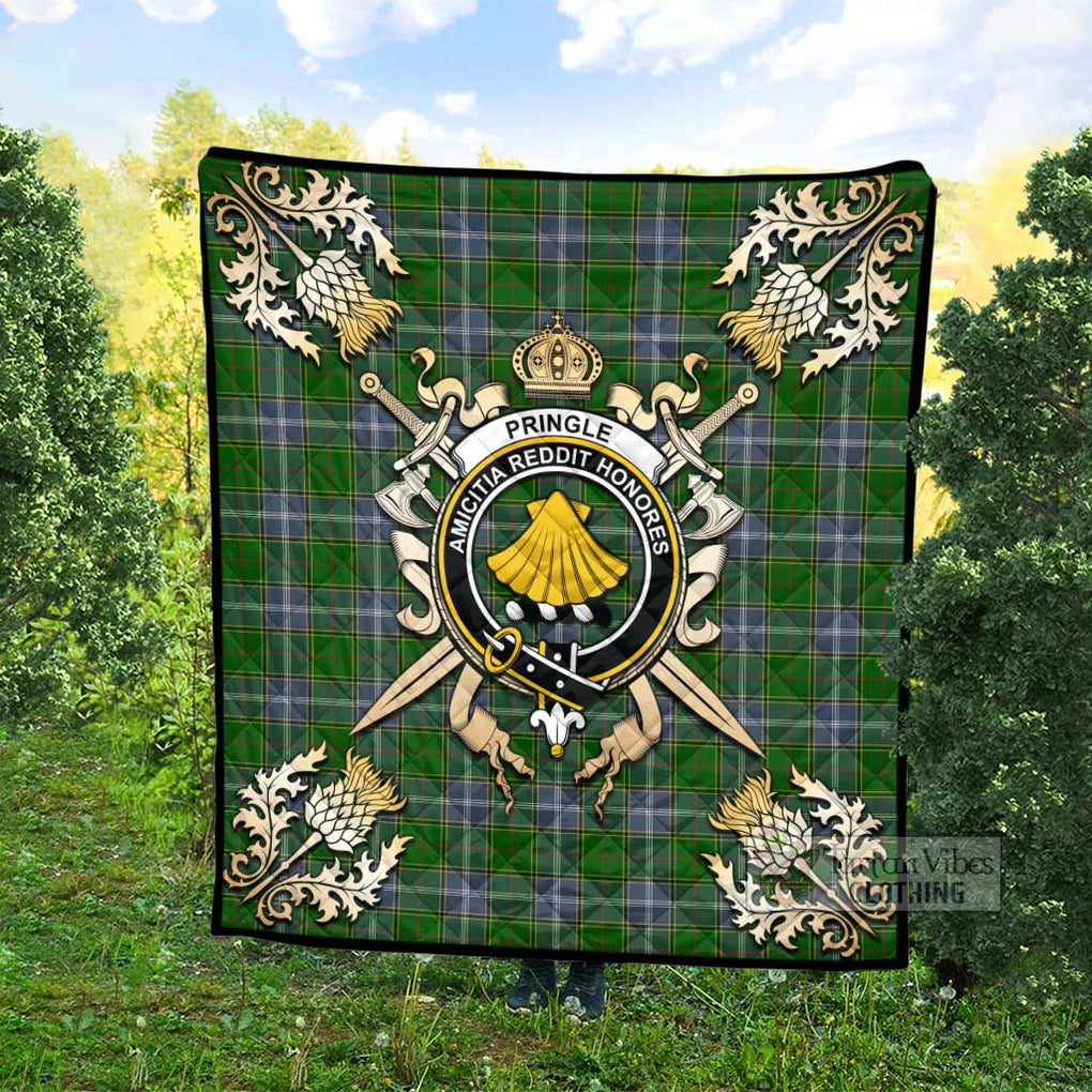 Tartan Vibes Clothing Pringle Tartan Quilt with Family Crest and Scottish Golden Courage Shield