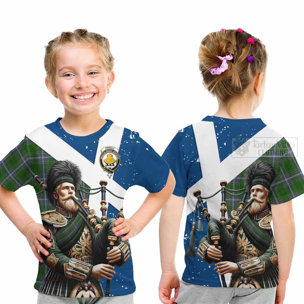 Tartan Vibes Clothing Pringle Tartan Kid T-Shirt with Family Crest Scottish Bagpiper Vibes