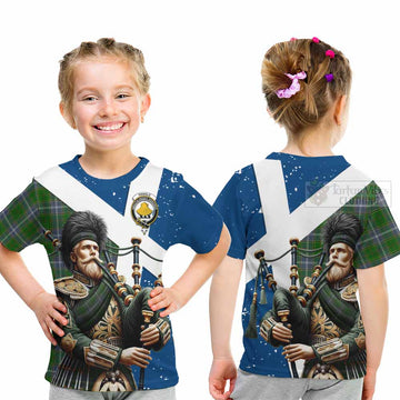 Pringle Tartan Kid T-Shirt with Family Crest Scottish Bagpiper Vibes