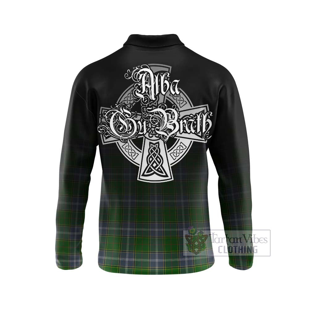 Tartan Vibes Clothing Pringle Tartan Long Sleeve Polo Shirt Featuring Alba Gu Brath Family Crest Celtic Inspired