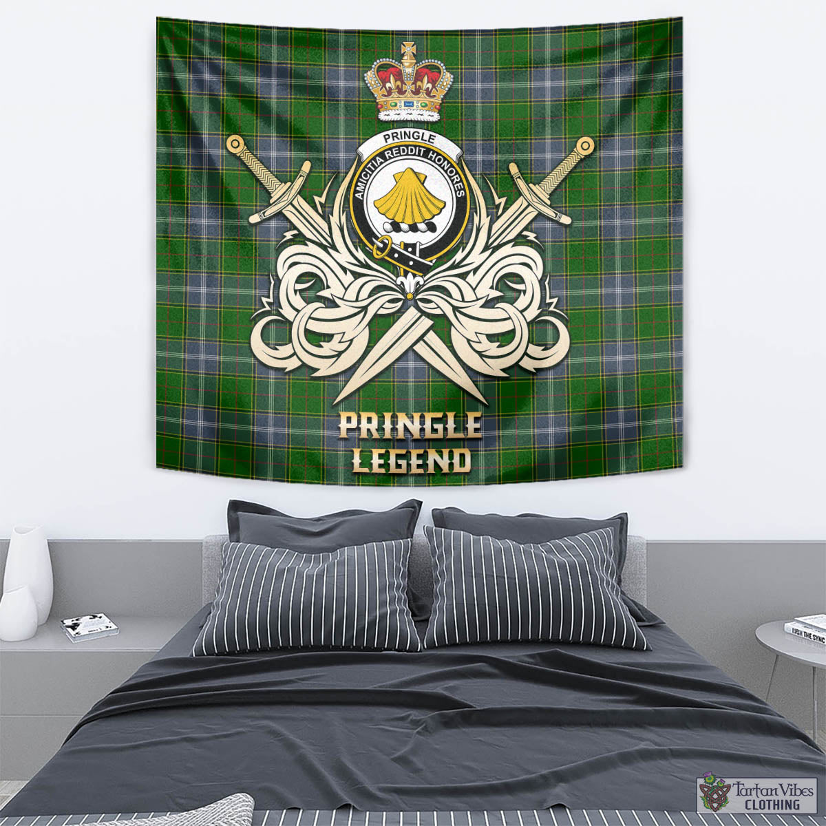 Tartan Vibes Clothing Pringle Tartan Tapestry with Clan Crest and the Golden Sword of Courageous Legacy