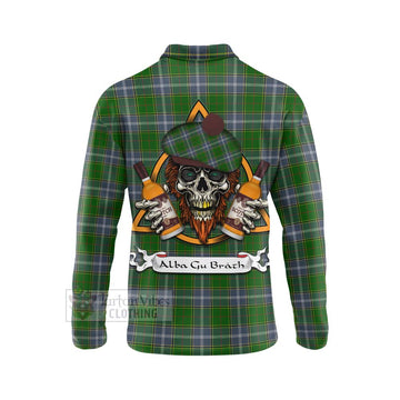 Pringle Tartan Long Sleeve Polo Shirt with Family Crest and Bearded Skull Holding Bottles of Whiskey