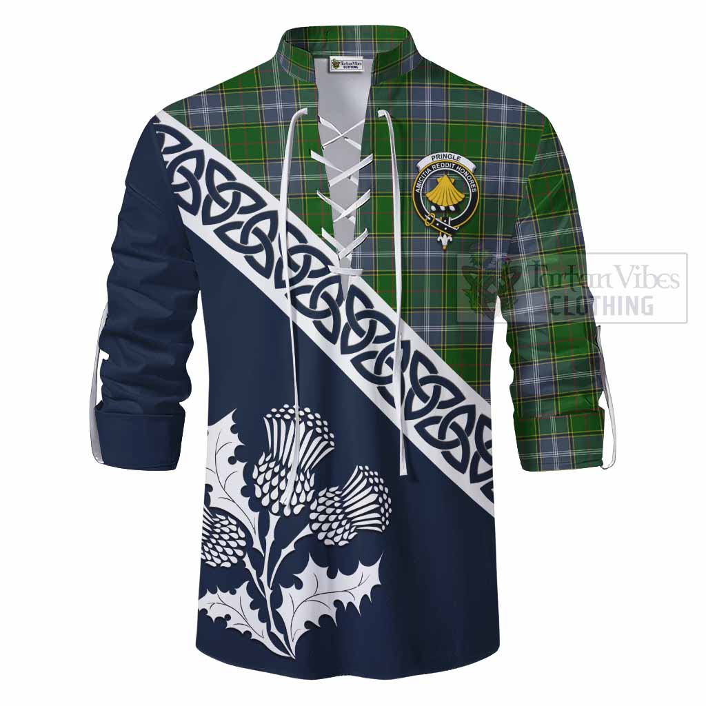 Tartan Vibes Clothing Pringle Tartan Ghillie Kilt Shirt Featuring Thistle and Scotland Map