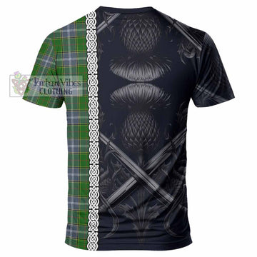 Pringle Tartan T-Shirt with Family Crest Cross Sword Thistle Celtic Vibes