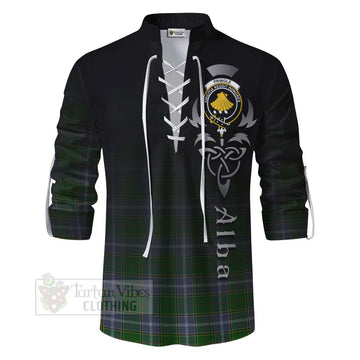 Pringle Tartan Ghillie Kilt Shirt Featuring Alba Gu Brath Family Crest Celtic Inspired