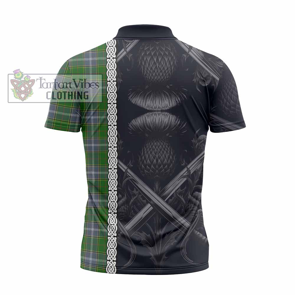 Tartan Vibes Clothing Pringle Tartan Zipper Polo Shirt with Family Crest Cross Sword Thistle Celtic Vibes