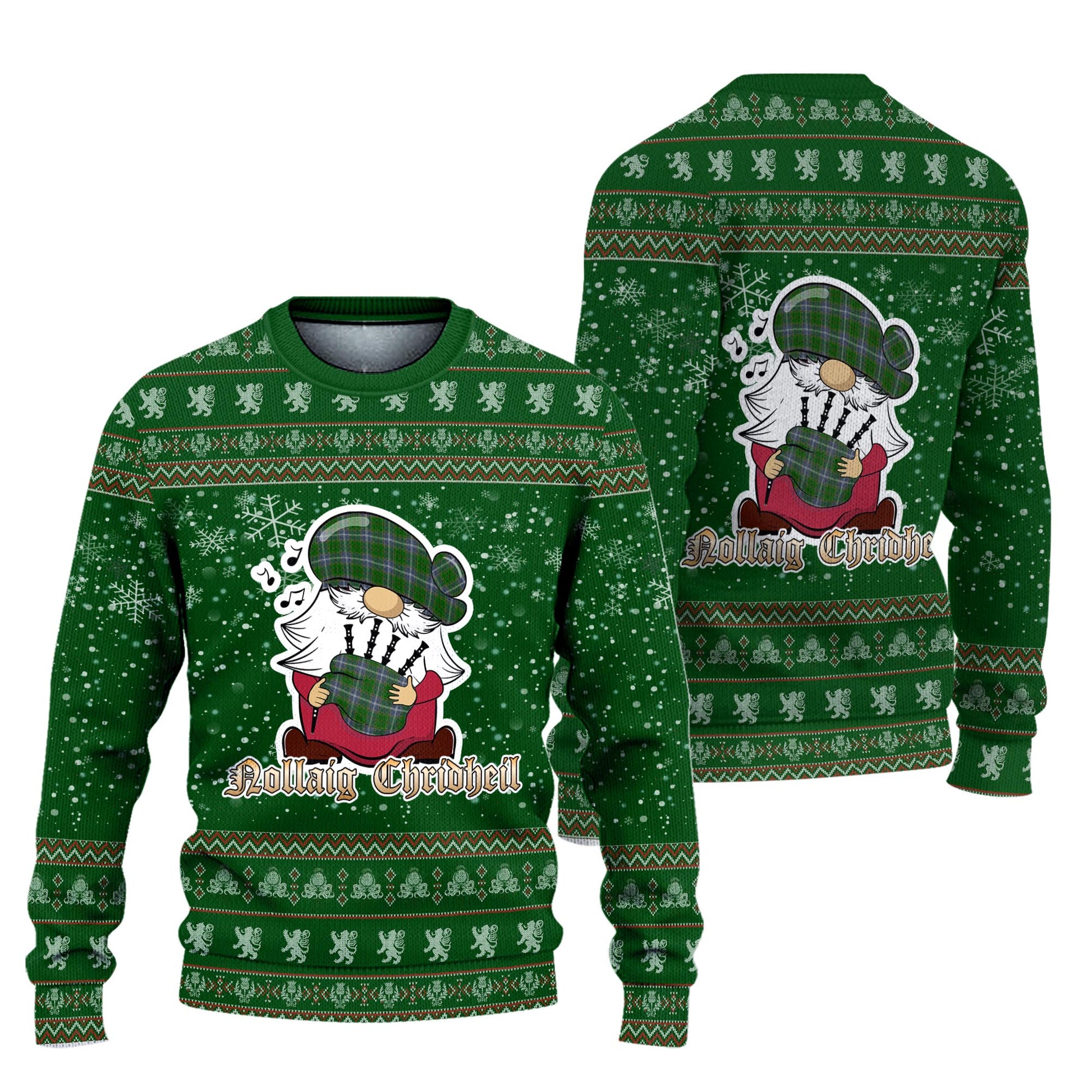 Pringle Clan Christmas Family Knitted Sweater with Funny Gnome Playing Bagpipes Unisex Green - Tartanvibesclothing