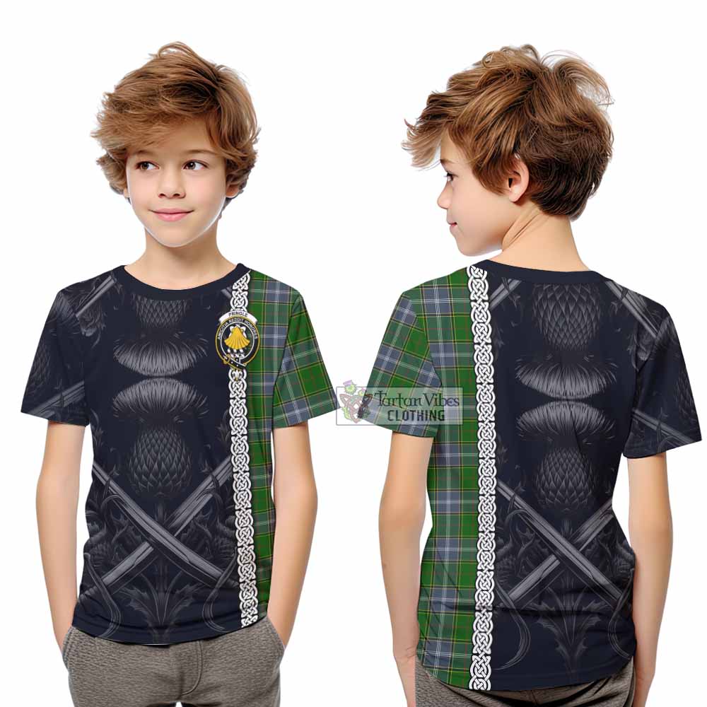 Tartan Vibes Clothing Pringle Tartan Kid T-Shirt with Family Crest Cross Sword Thistle Celtic Vibes