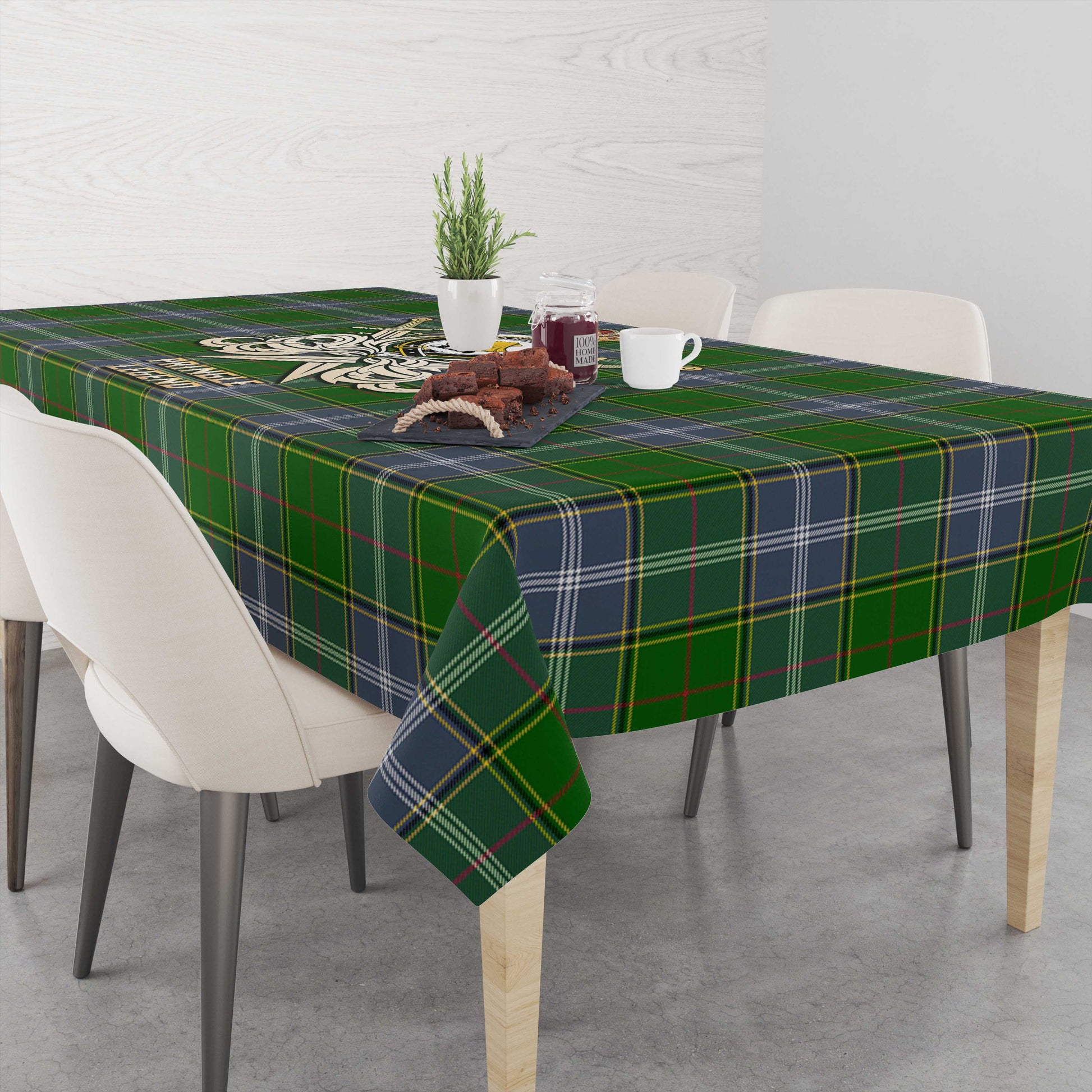 Tartan Vibes Clothing Pringle Tartan Tablecloth with Clan Crest and the Golden Sword of Courageous Legacy