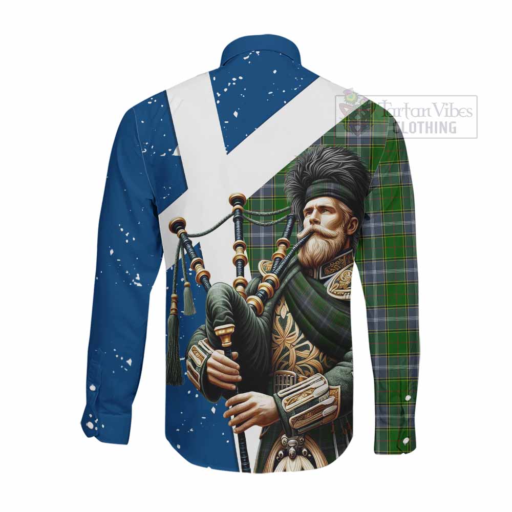 Tartan Vibes Clothing Pringle Tartan Long Sleeve Button Shirt with Family Crest Scottish Bagpiper Vibes