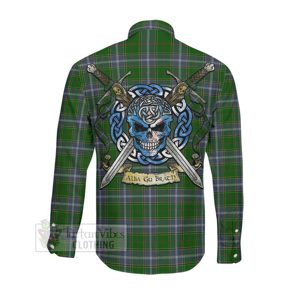 Tartan Vibes Clothing Pringle Tartan Long Sleeve Button Shirt with Family Crest Celtic Skull Style