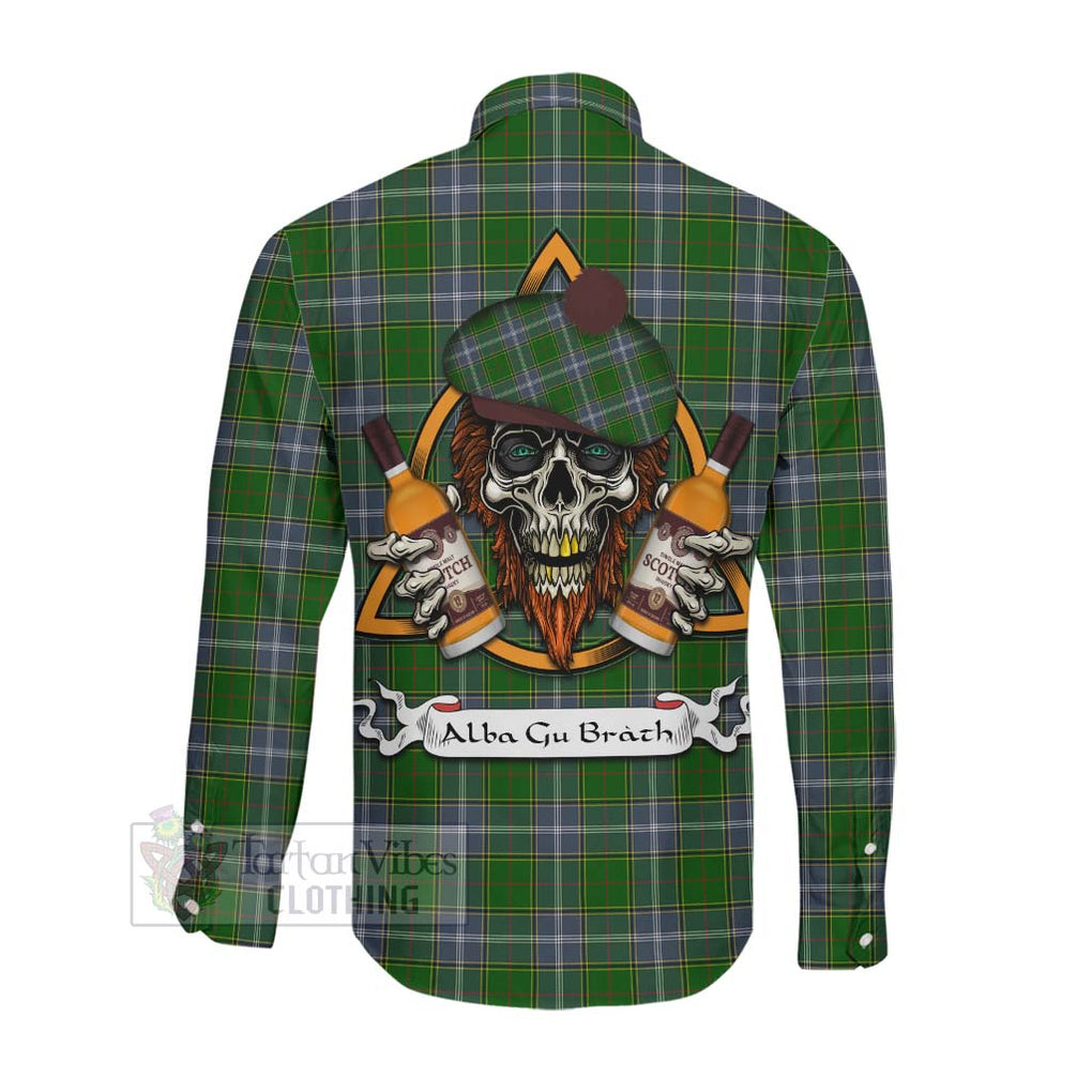 Tartan Vibes Clothing Pringle Tartan Long Sleeve Button Shirt with Family Crest and Bearded Skull Holding Bottles of Whiskey