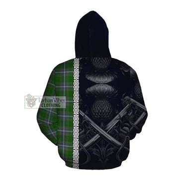 Pringle Tartan Cotton Hoodie with Family Crest Cross Sword Thistle Celtic Vibes