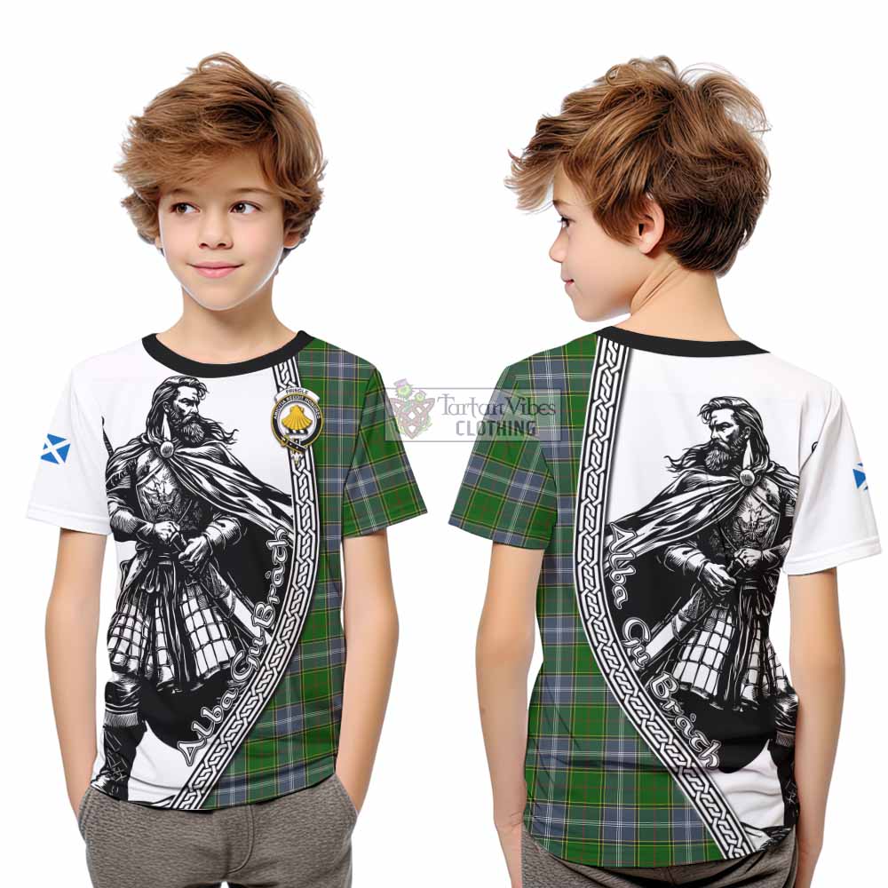 Pringle Tartan Clan Crest Kid T-Shirt with Highlander Warrior Celtic Style