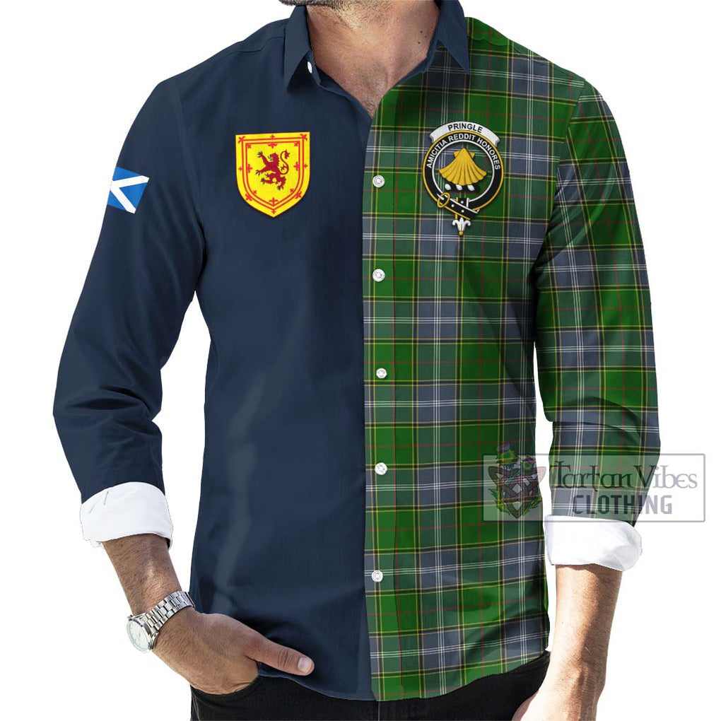 Tartan Vibes Clothing Pringle Tartan Long Sleeve Button Shirt with Scottish Lion Royal Arm Half Style