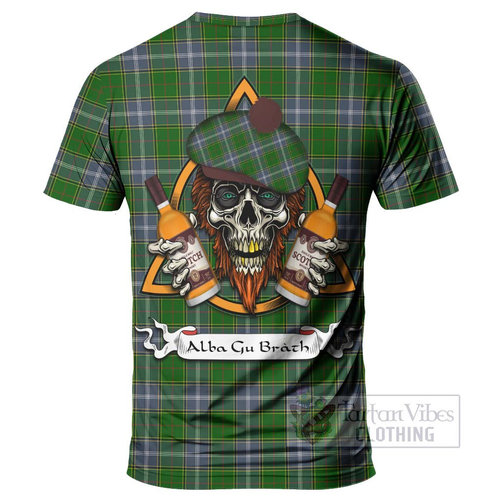 Tartan Vibes Clothing Pringle Tartan T-Shirt with Family Crest and Bearded Skull Holding Bottles of Whiskey