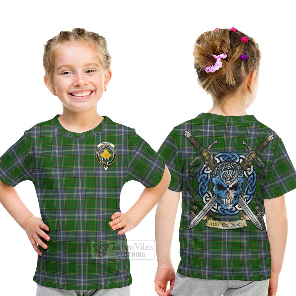 Tartan Vibes Clothing Pringle Tartan Kid T-Shirt with Family Crest Celtic Skull Style