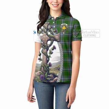 Pringle Tartan Women's Polo Shirt with Family Crest and St. Andrew's Cross Accented by Thistle Vines