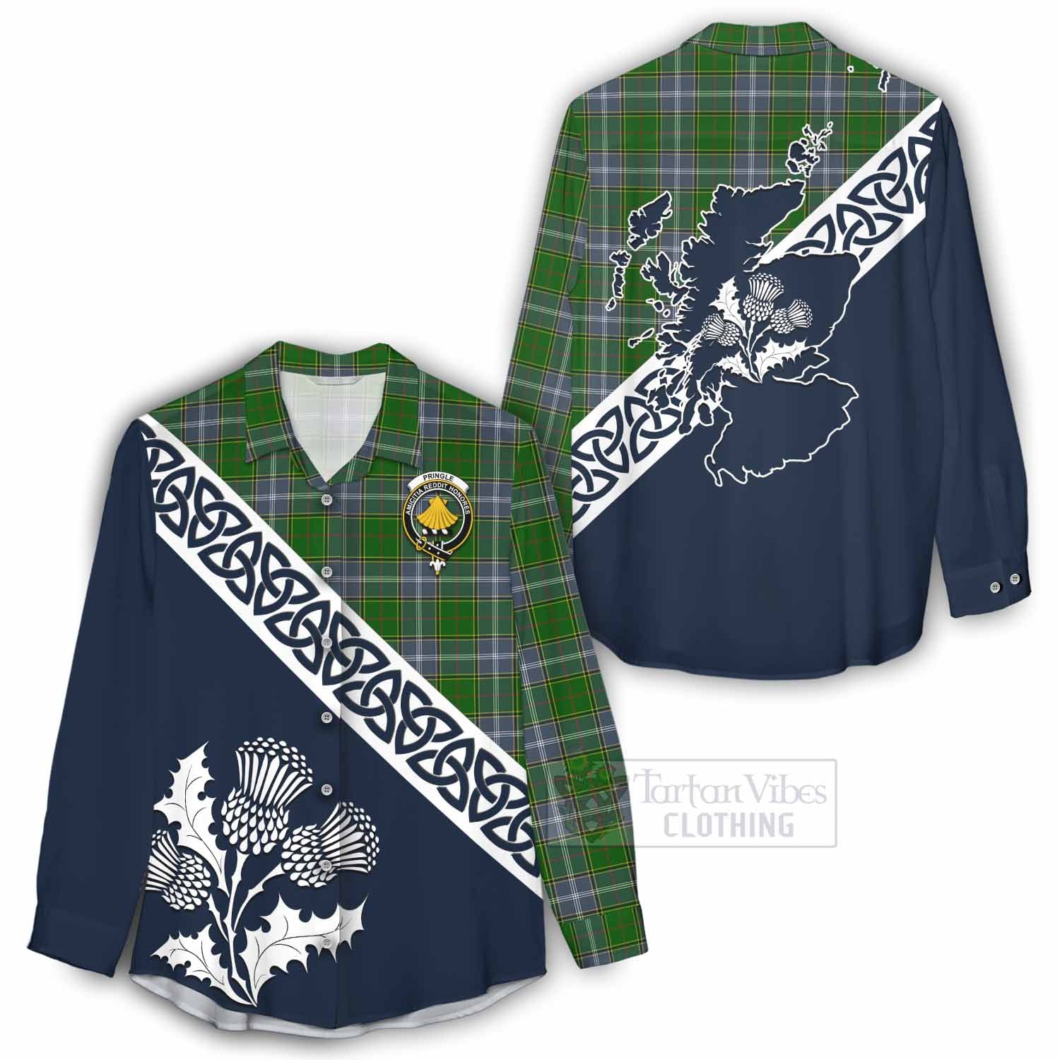 Tartan Vibes Clothing Pringle Tartan Women's Casual Shirt Featuring Thistle and Scotland Map