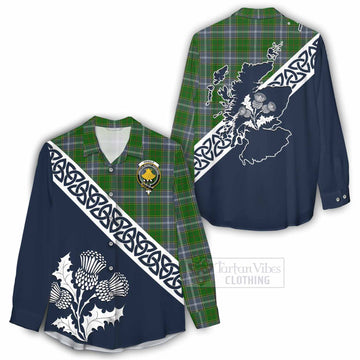 Pringle Tartan Women's Casual Shirt Featuring Thistle and Scotland Map