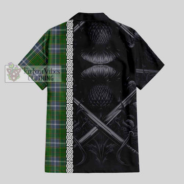 Pringle Tartan Short Sleeve Button Shirt with Family Crest Cross Sword Thistle Celtic Vibes