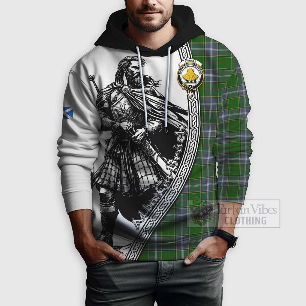 Tartan Vibes Clothing Pringle Tartan Clan Crest Hoodie with Highlander Warrior Celtic Style