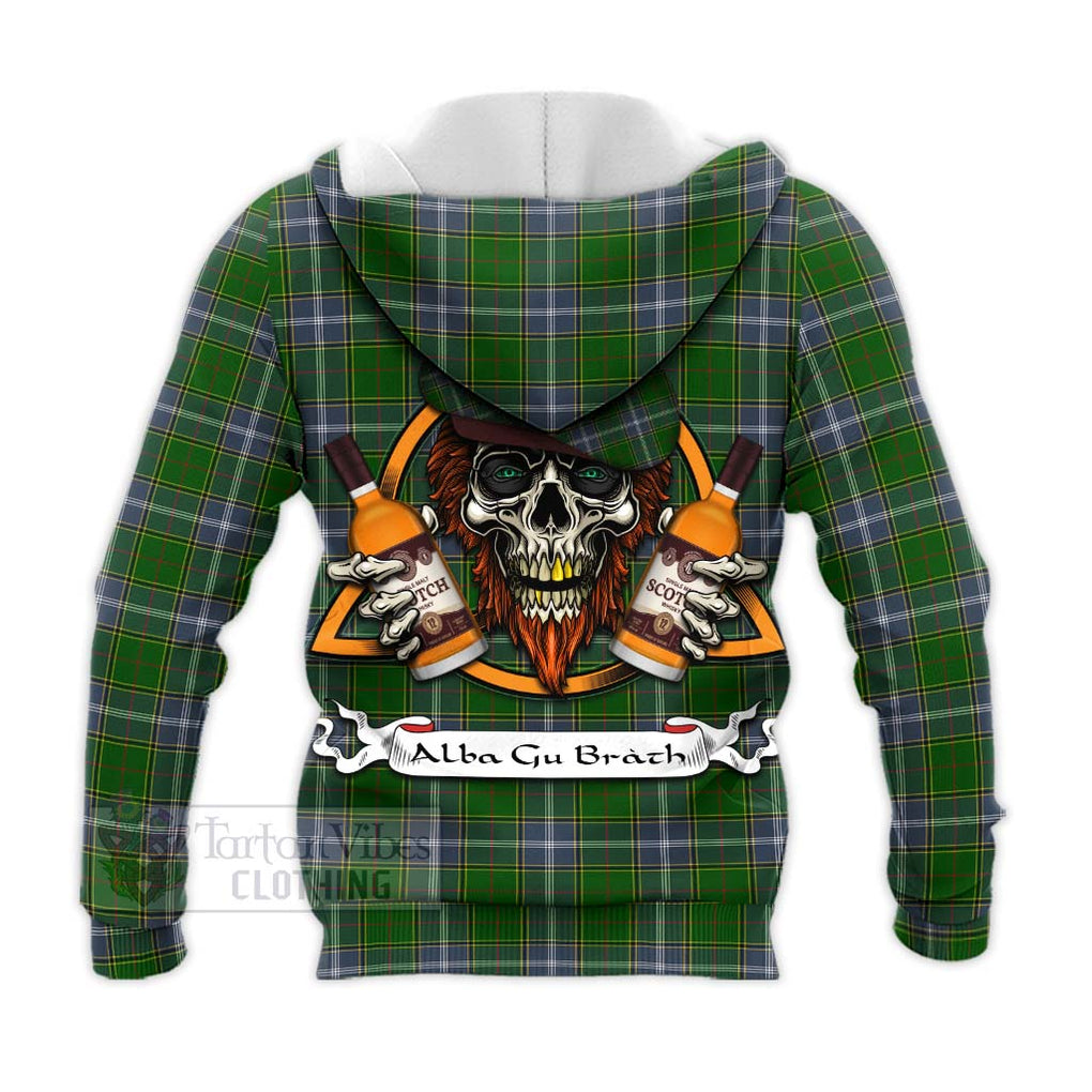 Tartan Vibes Clothing Pringle Tartan Knitted Hoodie with Family Crest and Bearded Skull Holding Bottles of Whiskey