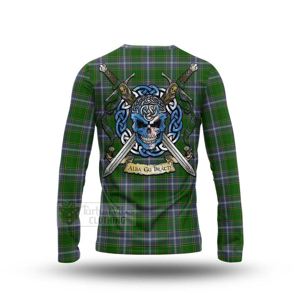 Tartan Vibes Clothing Pringle Tartan Long Sleeve T-Shirt with Family Crest Celtic Skull Style