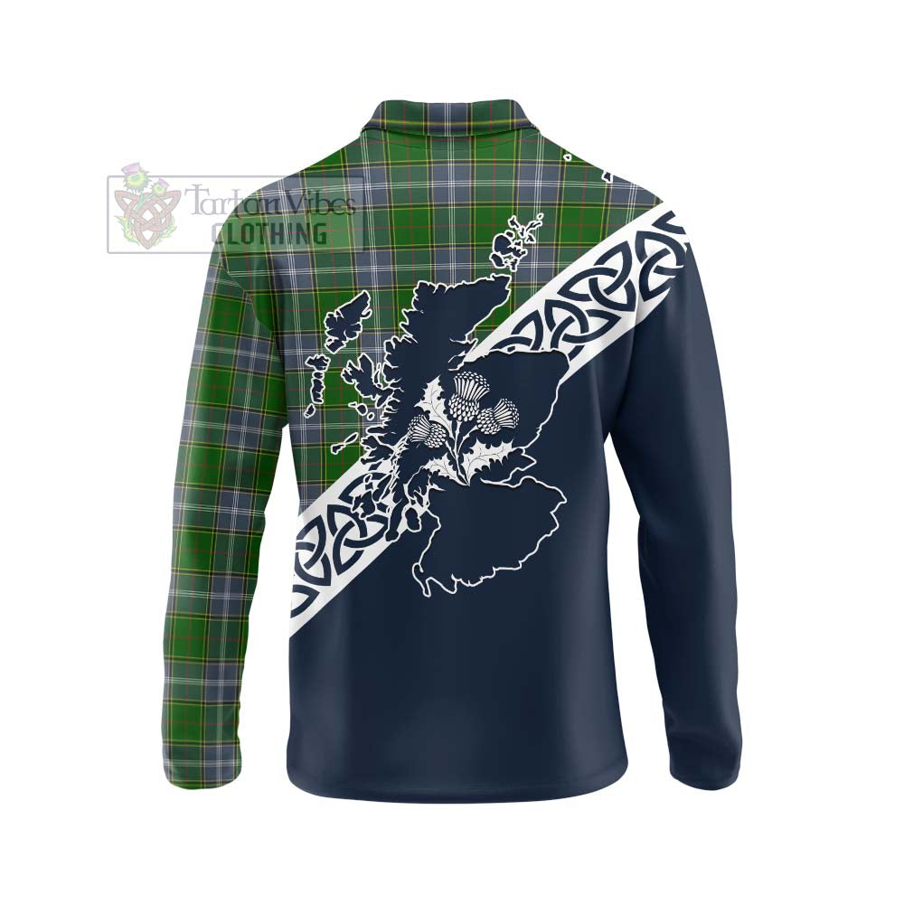 Tartan Vibes Clothing Pringle Tartan Long Sleeve Polo Shirt Featuring Thistle and Scotland Map