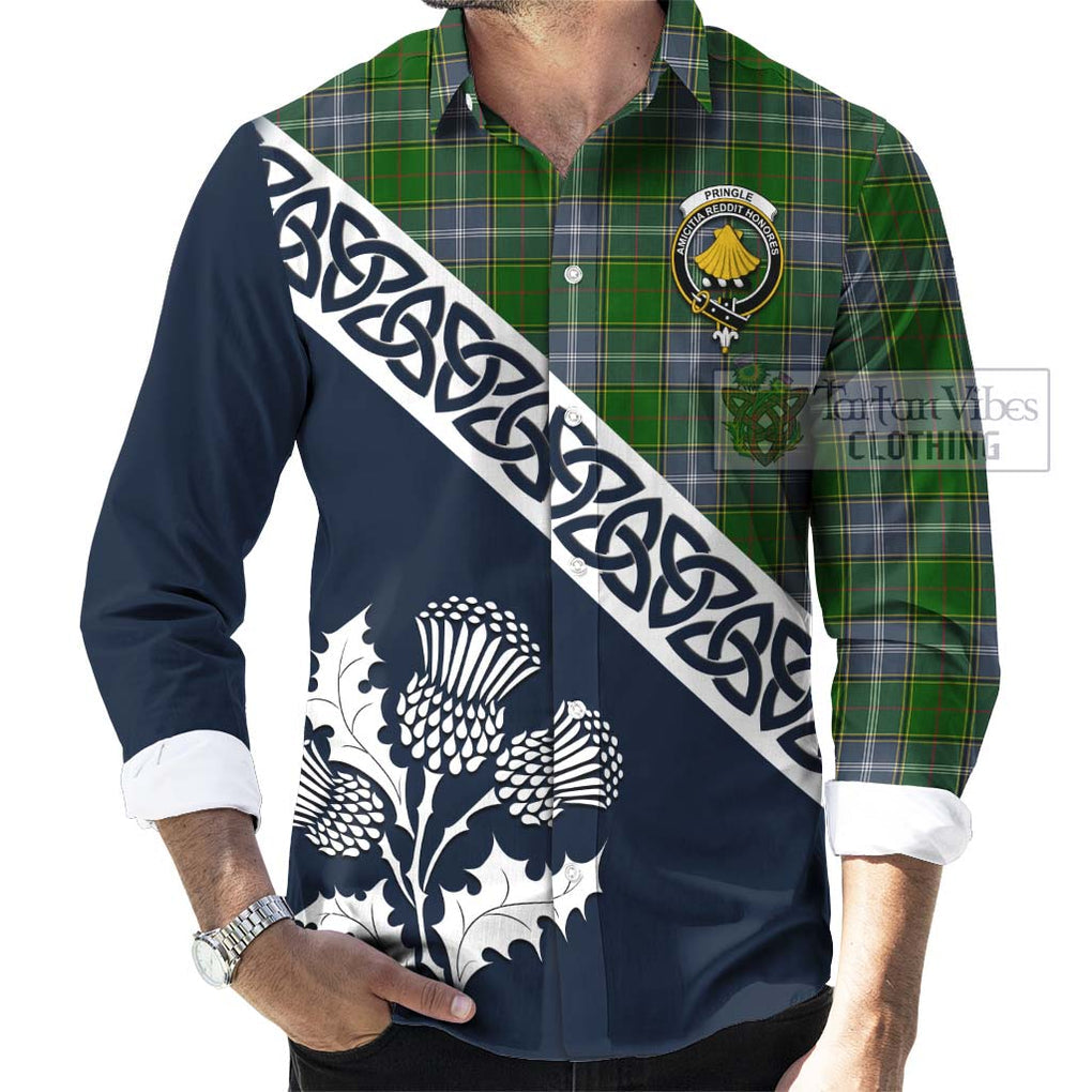 Tartan Vibes Clothing Pringle Tartan Long Sleeve Button Shirt Featuring Thistle and Scotland Map