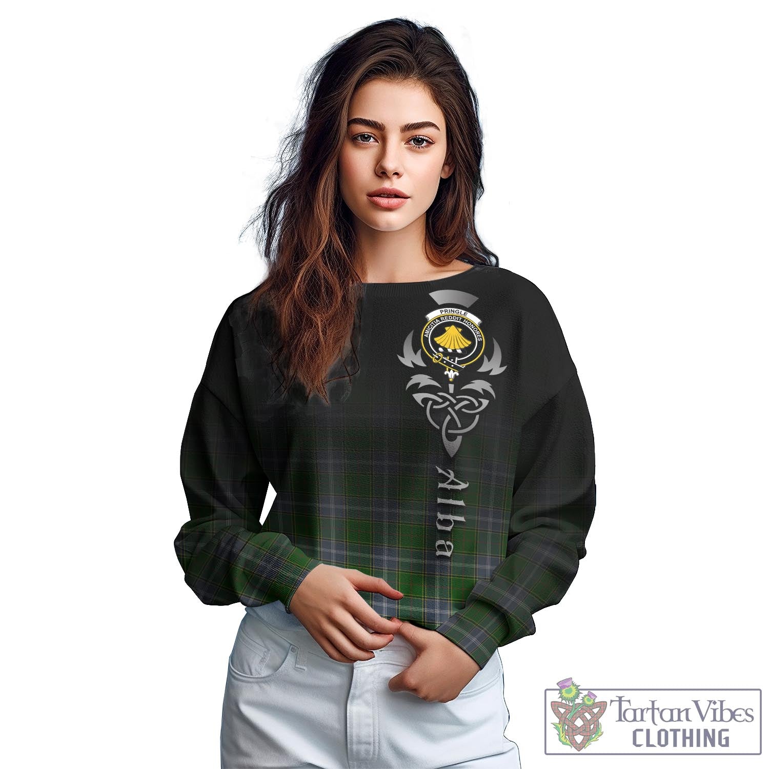 Tartan Vibes Clothing Pringle Tartan Sweatshirt Featuring Alba Gu Brath Family Crest Celtic Inspired