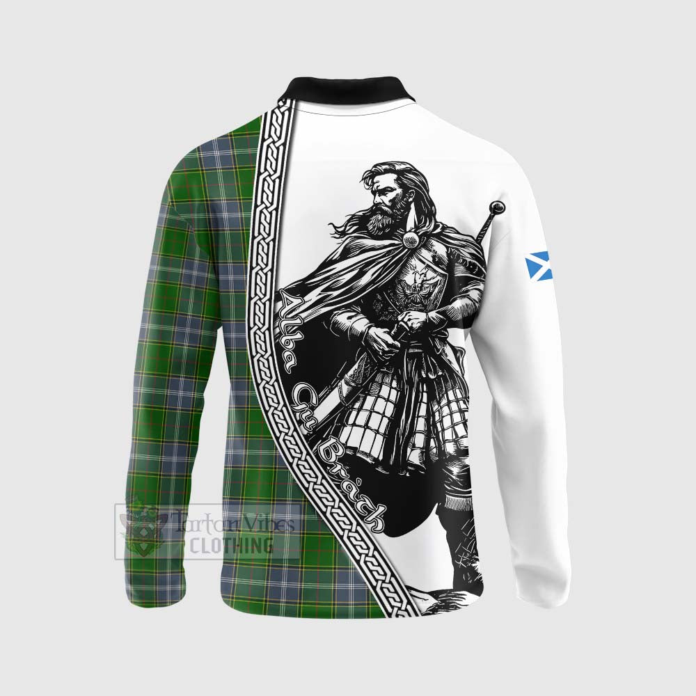 Tartan Vibes Clothing Pringle Tartan Clan Crest Long Sleeve Polo Shirt with Highlander Warrior Celtic Style