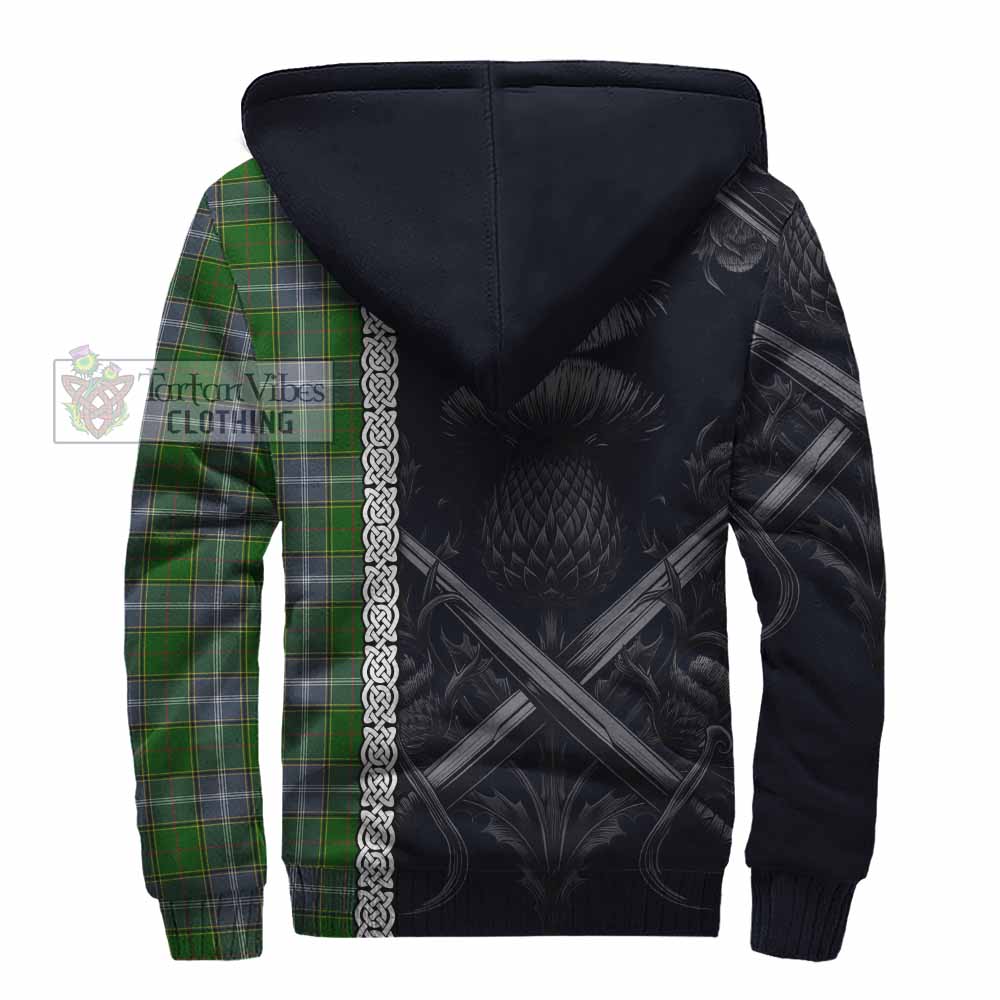 Pringle Tartan Sherpa Hoodie with Family Crest Cross Sword Thistle Celtic Vibes - Tartan Vibes Clothing