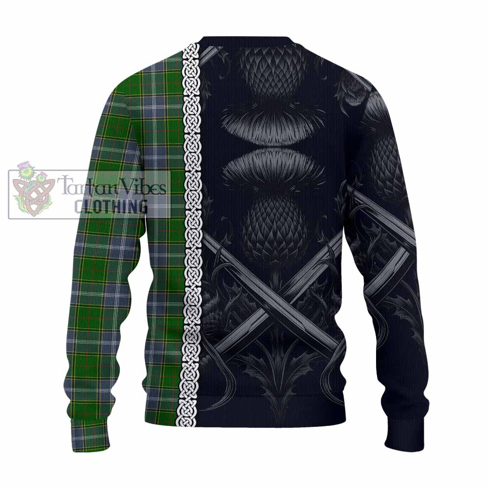 Tartan Vibes Clothing Pringle Tartan Knitted Sweater with Family Crest Cross Sword Thistle Celtic Vibes