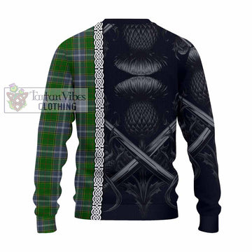 Pringle Tartan Knitted Sweater with Family Crest Cross Sword Thistle Celtic Vibes