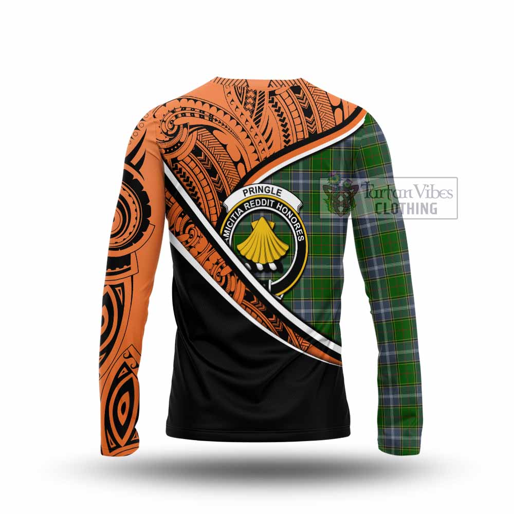 Tartan Vibes Clothing Pringle Crest Tartan Long Sleeve T-Shirt with Maori Tattoo Style - Orange Version